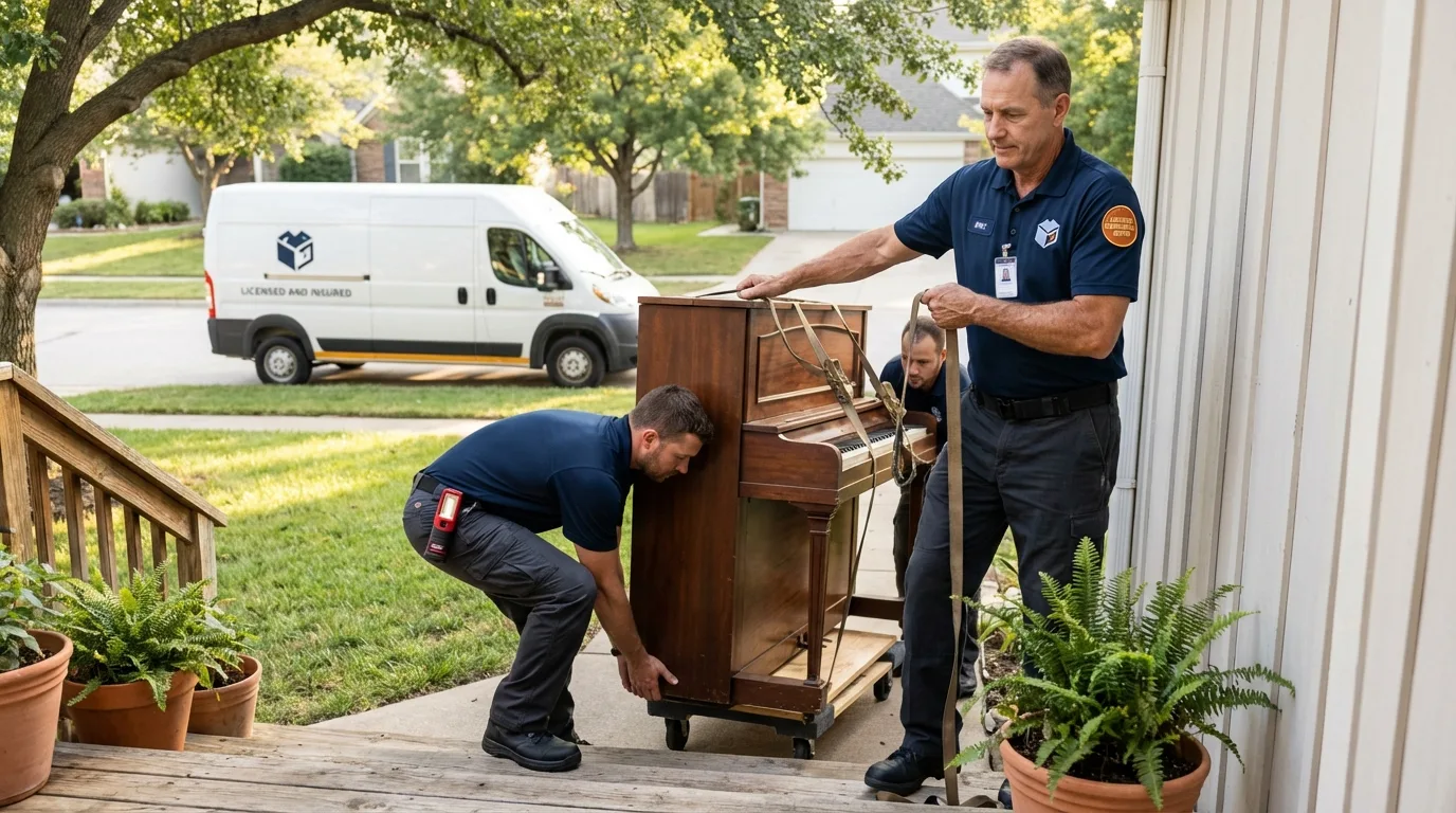 Licensed piano movers securing grand piano in Creston, OH