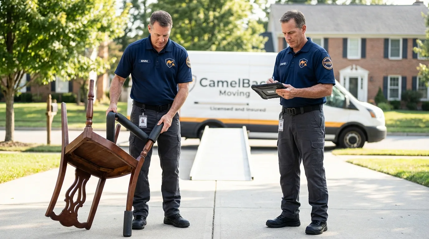 Movers inspecting furniture for damage prevention before loading in Creston, OH