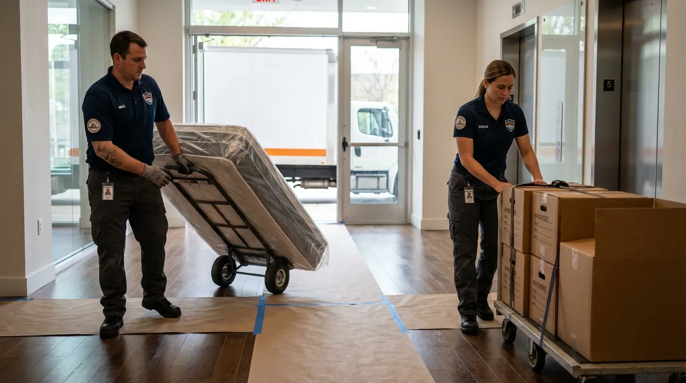 Professional apartment movers loading elevator in Creston, OH